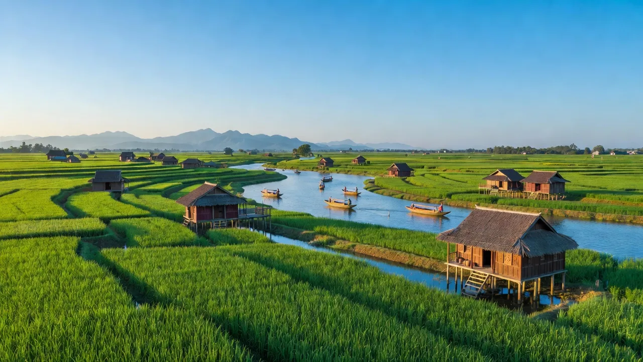 Khung cảnh huyện Mộc Hóa, tỉnh Long An với ruộng xanh và nhà truyền thống, thể hiện văn hóa địa phương.