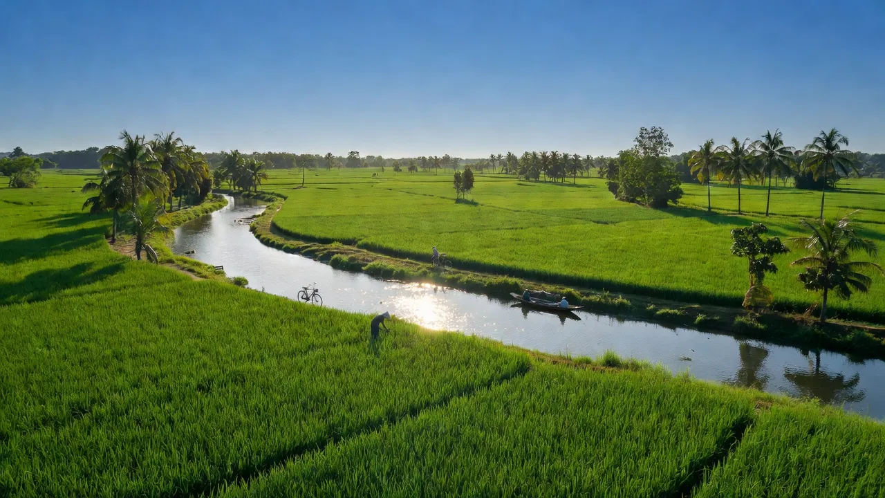 Cảnh quan xã Bình Hòa Đông, huyện Mộc Hóa, Long An với cánh đồng, sông và cây cối.