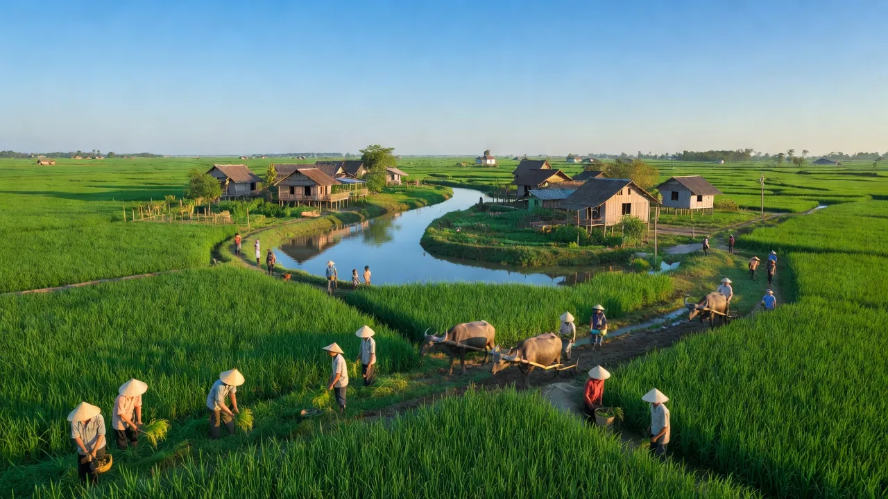 Cảnh đẹp xã Bình Hòa Tây, Mộc Hóa, Long An với cánh đồng xanh và dòng sông trong xanh.