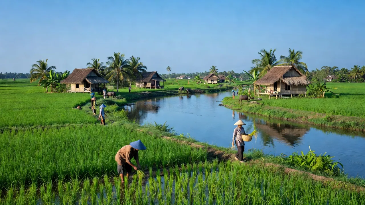 Phong cảnh xã Bình Hòa Tây, huyện Mộc Hóa, tỉnh Long An với đồng lúa xanh tươi và nhà truyền thống.
