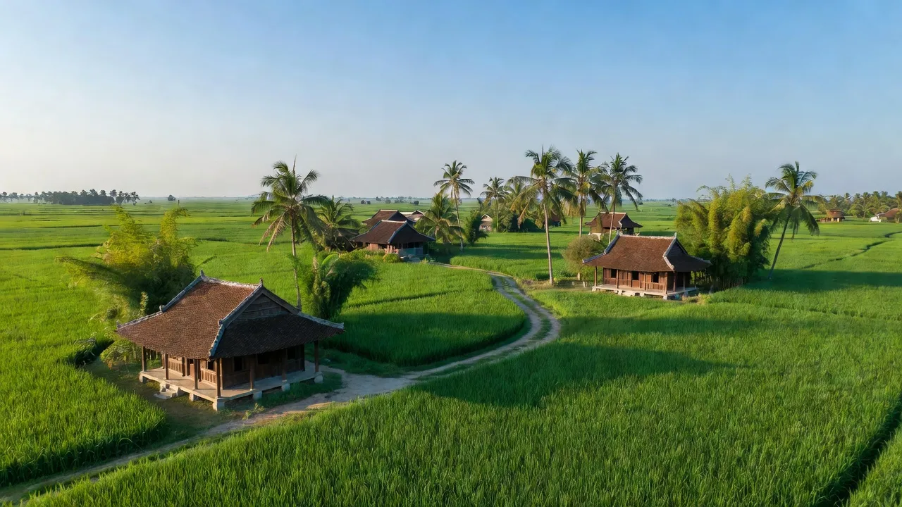 Khung cảnh yên bình xã Bình Hòa Trung, huyện Mộc Hóa, Long An với ruộng lúa xanh tươi.