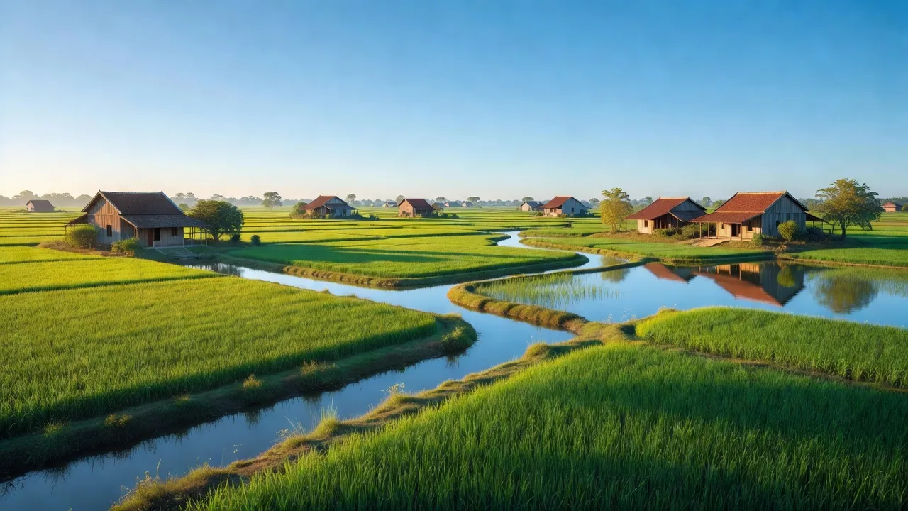 Thị trấn Bình Phong Thạnh, huyện Mộc Hóa, Long An với cánh đồng xanh và dòng kênh yên bình.