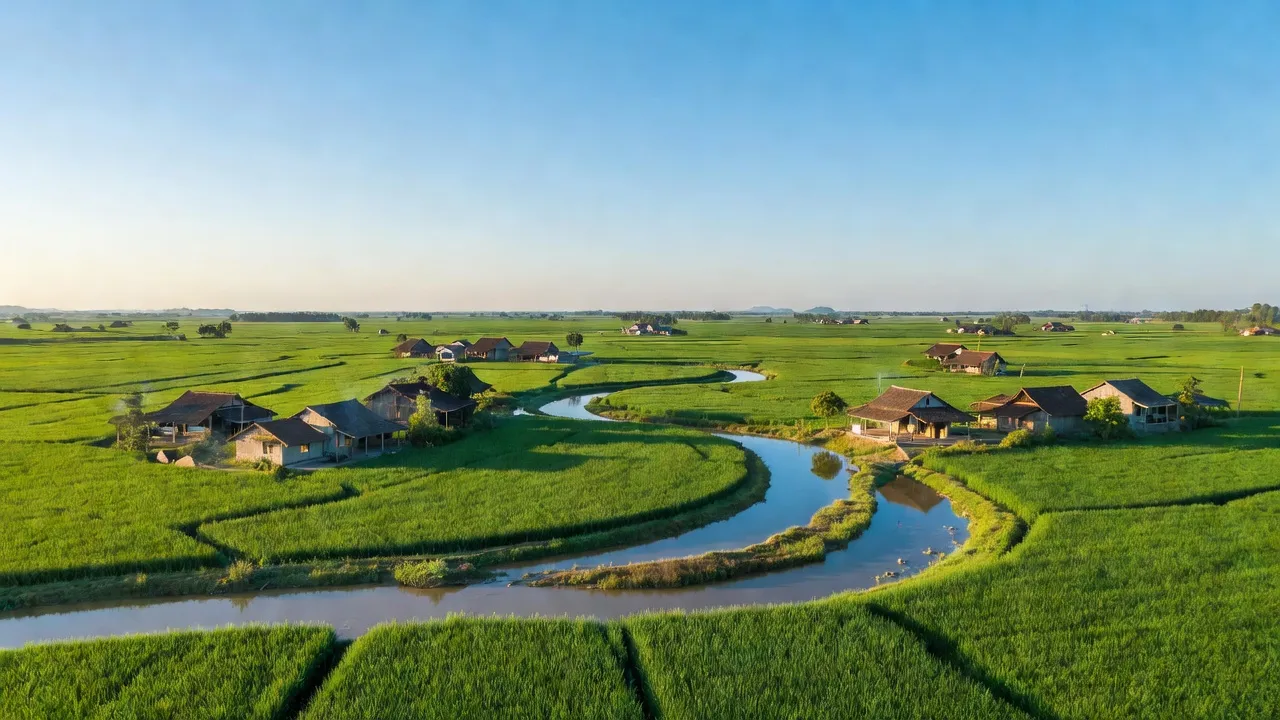Cảnh quan nông thôn Bình Thạnh, huyện Mộc Hóa, Long An với sông nước và cánh đồng xanh tươi.