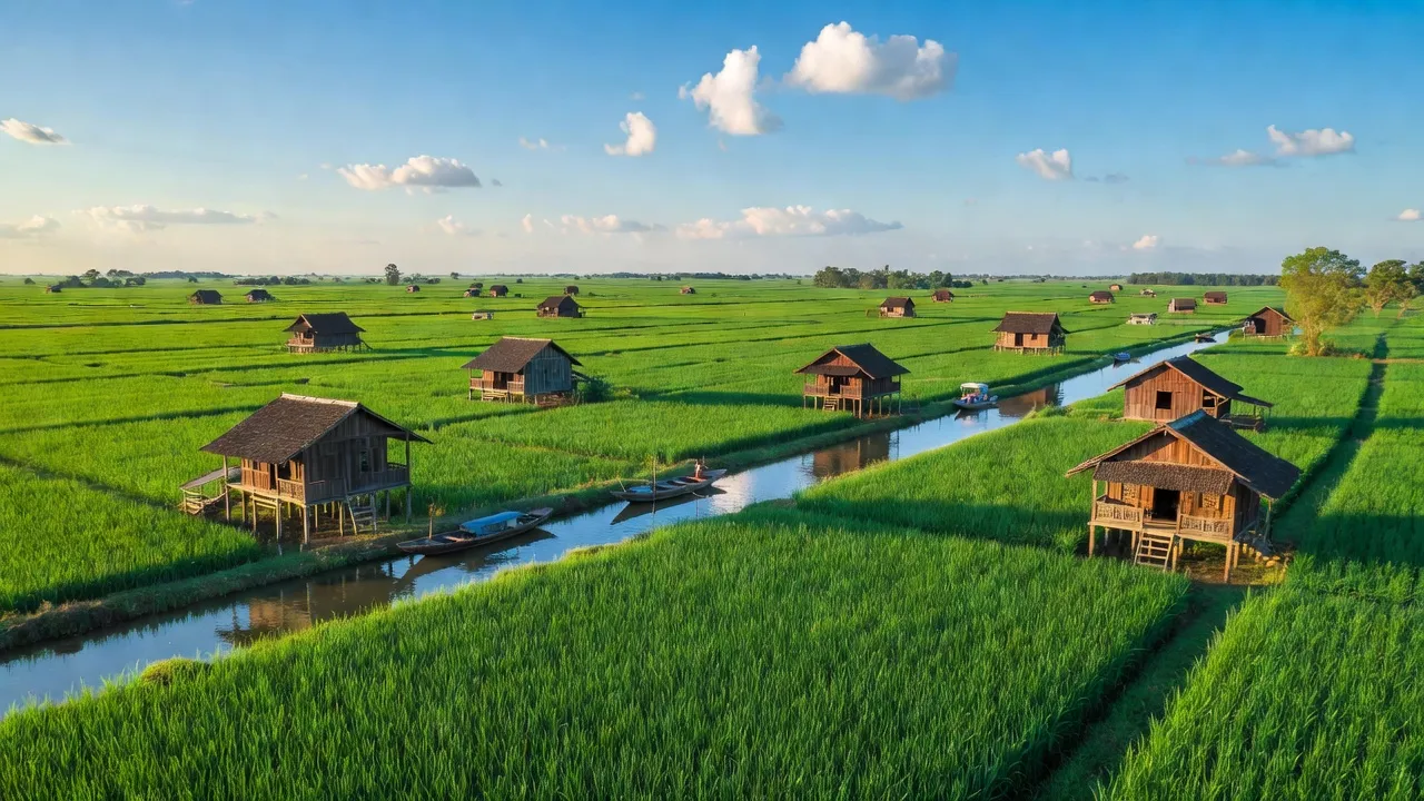 Khung cảnh Xã Tân Lập, Huyện Mộc Hóa, Tỉnh Long An với ruộng xanh tươi và nhà truyền thống.