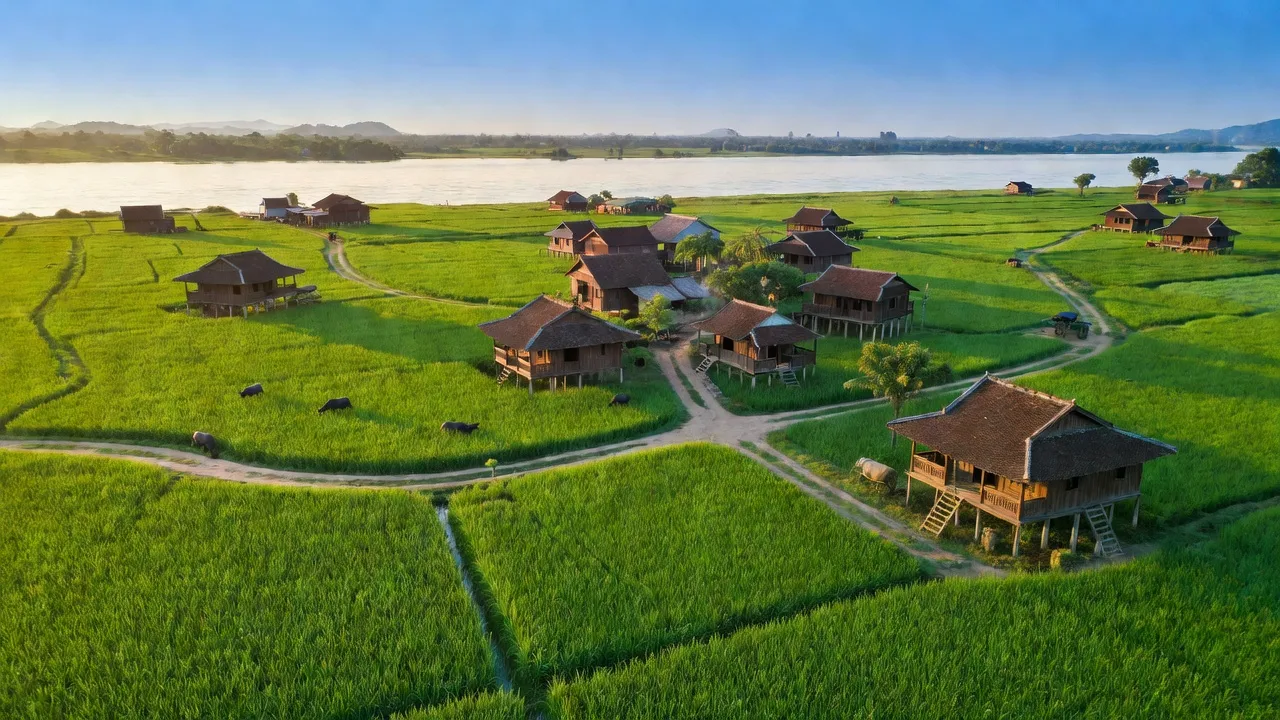 Khung cảnh làng Tân Thành, huyện Mộc Hóa, tỉnh Long An với cánh đồng xanh và nhà truyền thống.