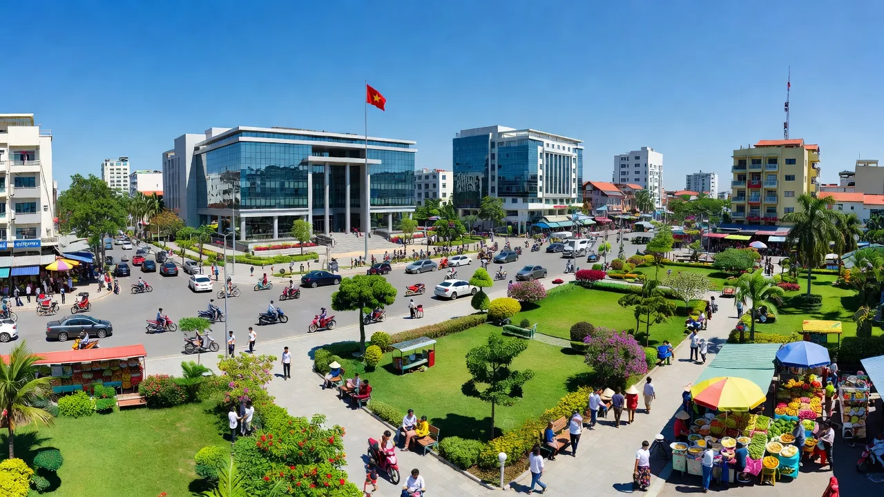 Thành phố Tân An, Long An với hoạt động giao thương sôi động và kiến trúc hiện đại.