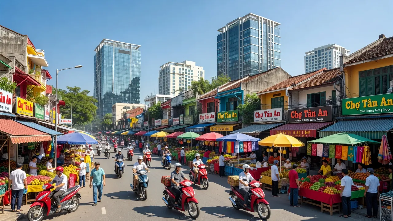 Thành phố Tân An, Long An với kiến trúc hiện đại và hoạt động nhộn nhịp trên đường phố.