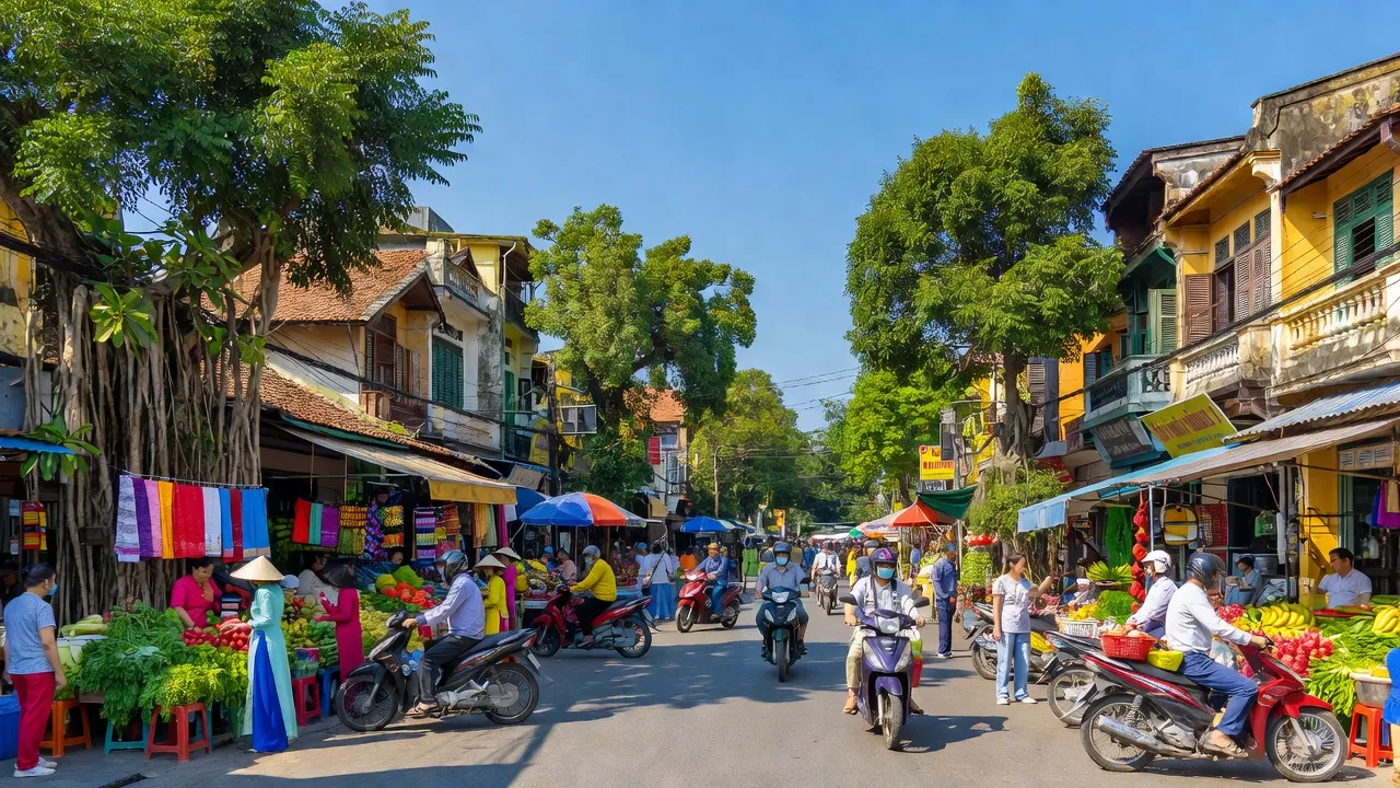 Khung cảnh nhộn nhịp Phường 1, thành phố Tân An, tỉnh Long An, với thị trường địa phương và cây xanh.