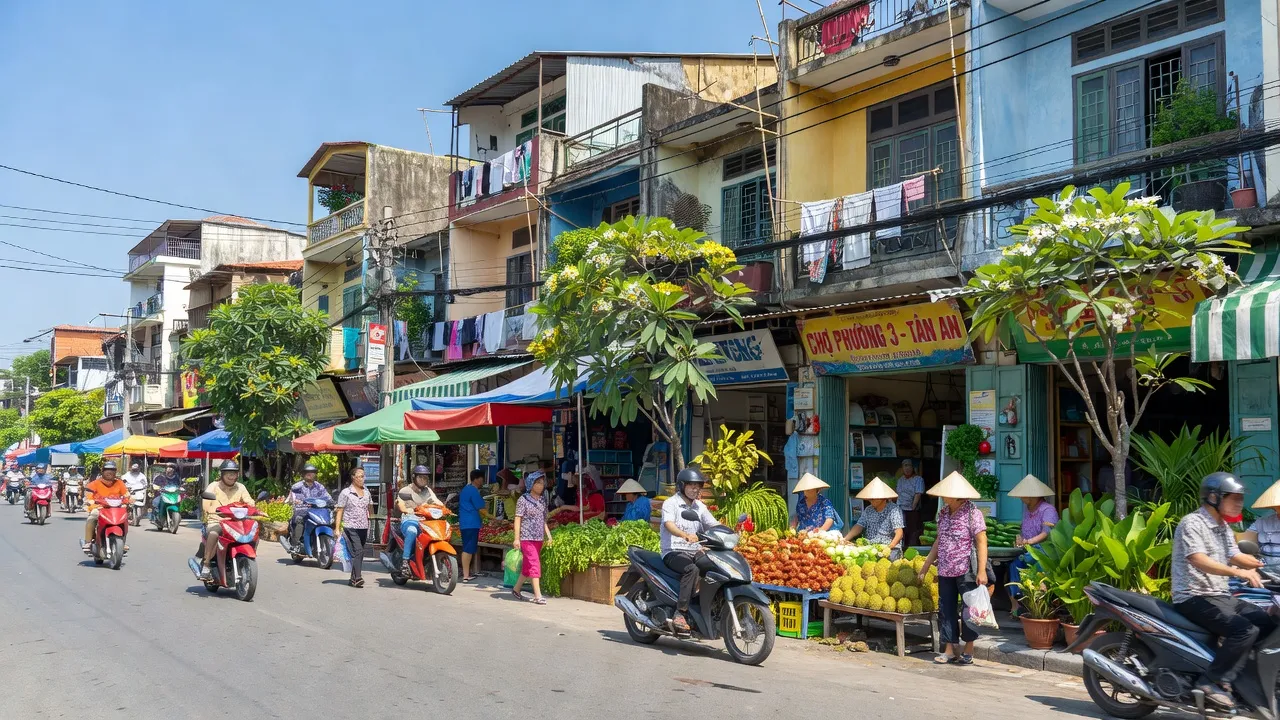 Cảnh vật sôi động tại Phường 3, Thành phố Tân An với chợ địa phương và cuộc sống thường nhật.