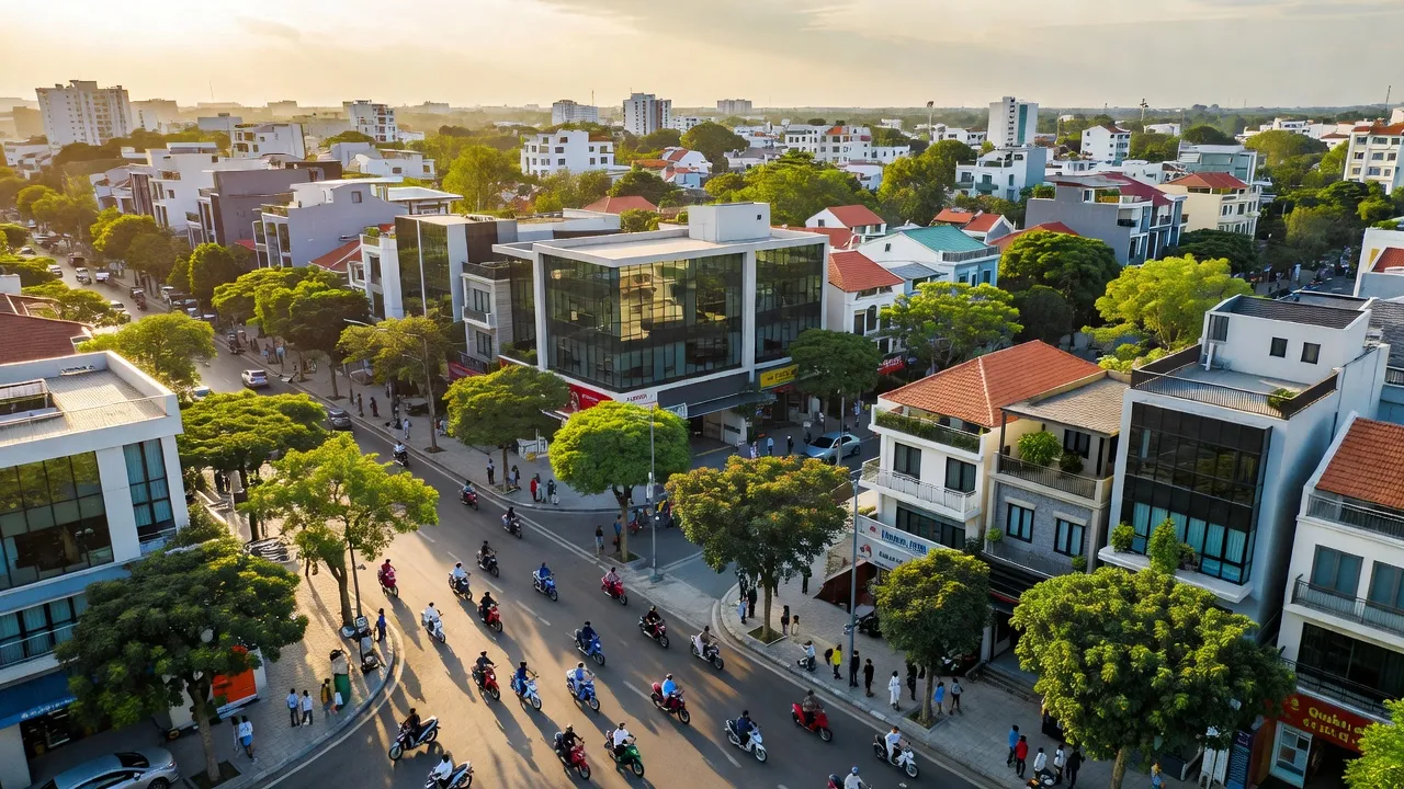 Khung cảnh Phường 4, Thành phố Tân An, cây cối, nhà dân, không khí đô thị Việt Nam.