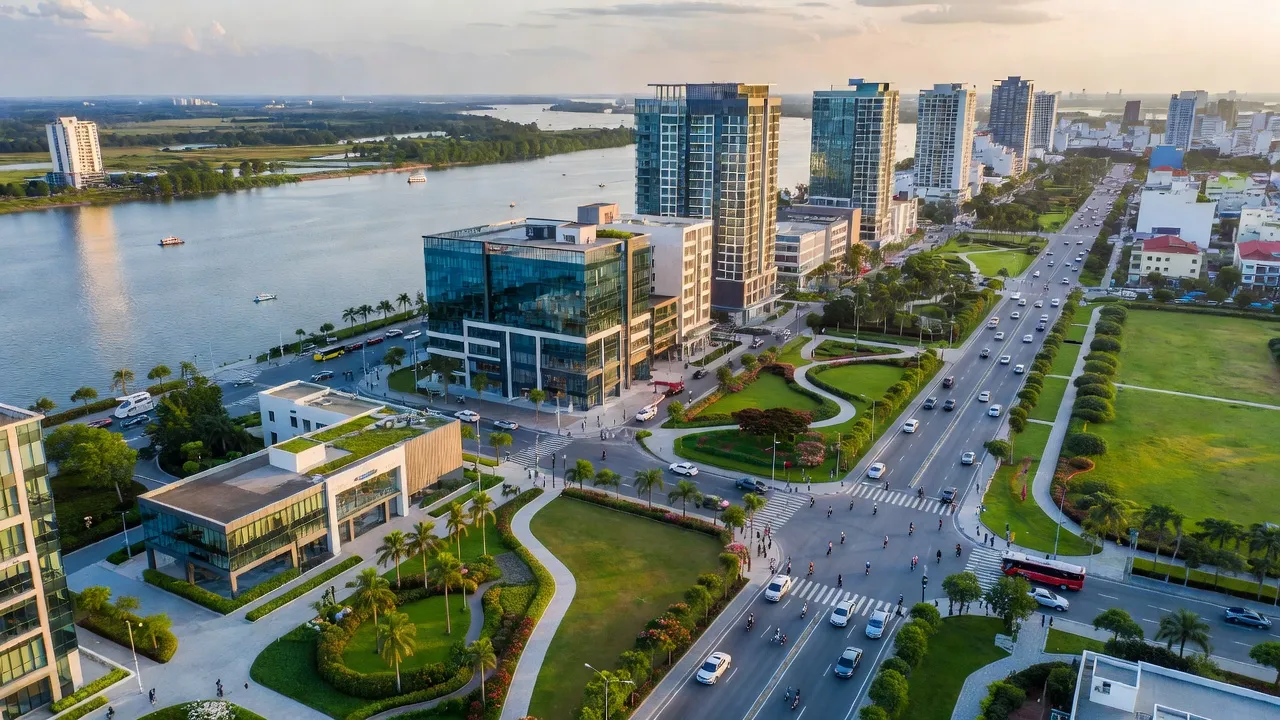 Phường 5, Thành phố Tân An, Tỉnh Long An với quy hoạch hiện đại bên sông Vàm Cỏ Tây.
