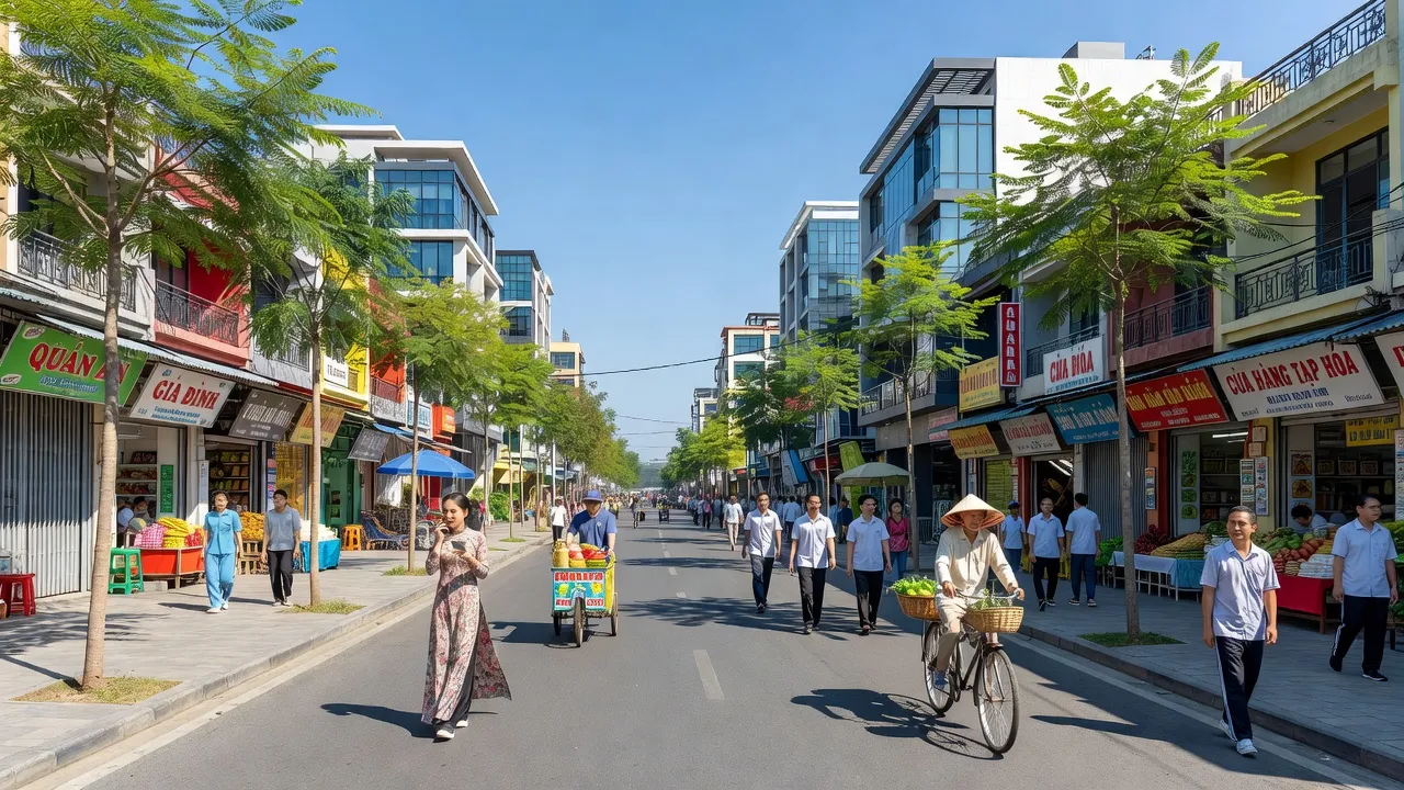Cảnh phố hiện đại tại Phường 6, Tân An với cây xanh và hoạt động nhộn nhịp, Long An.