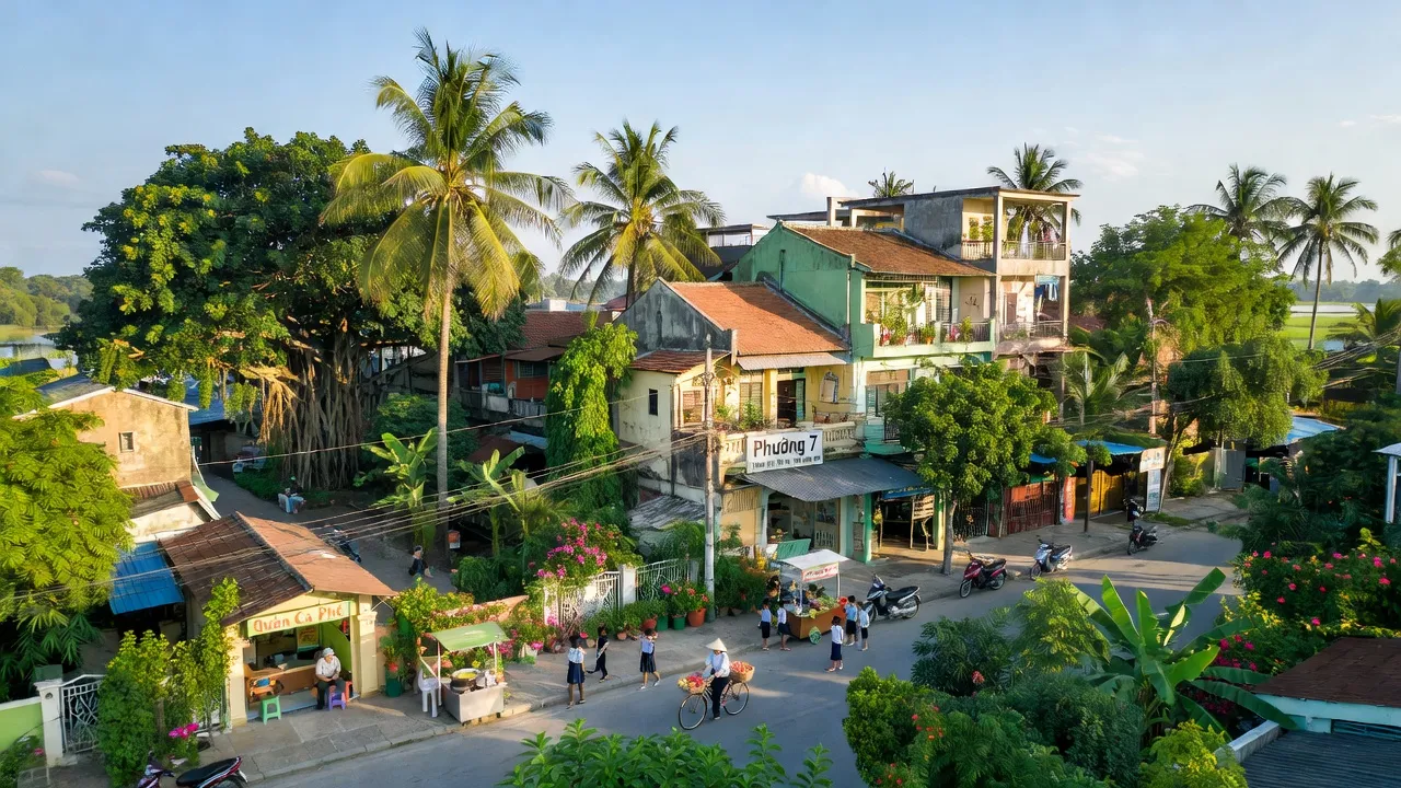 Phường 7, Thành phố Tân An, khu vực đô thị miền Tây với kiến trúc và cây xanh.