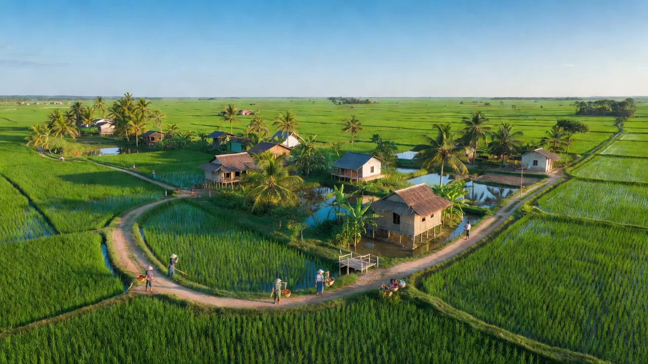 Cảnh quan xã An Vĩnh Ngãi, Tân An, Long An với cánh đồng xanh và không gian sống gần gũi.
