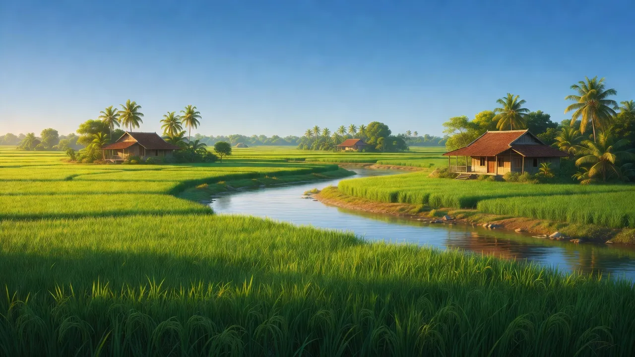 Phong cảnh xã An Vĩnh Ngãi, Tân An, Long An với cánh đồng và bầu trời trong xanh.