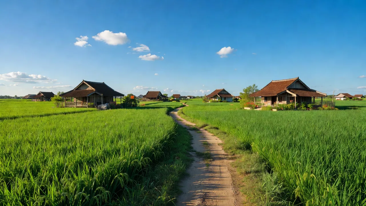 Cảnh quan xã Bình Tâm, Tân An, Long An với cánh đồng xanh và nhà truyền thống.