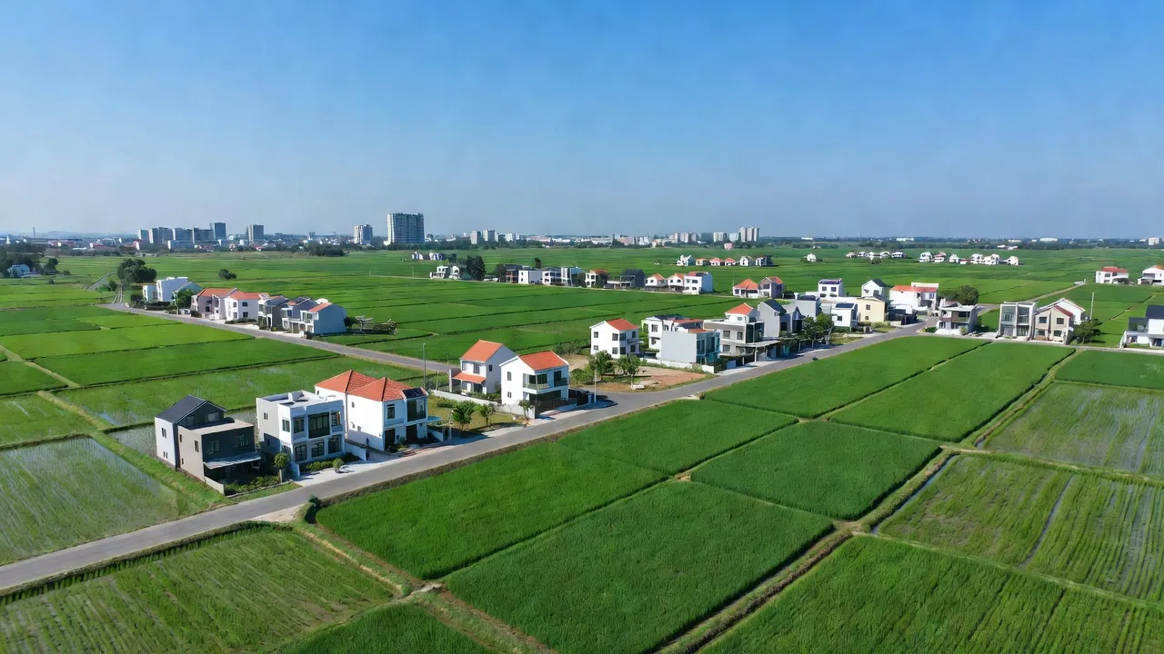 Phong cảnh xã Hướng Thọ Phú, Tân An, Long An với cánh đồng và nhà ở hiện đại.