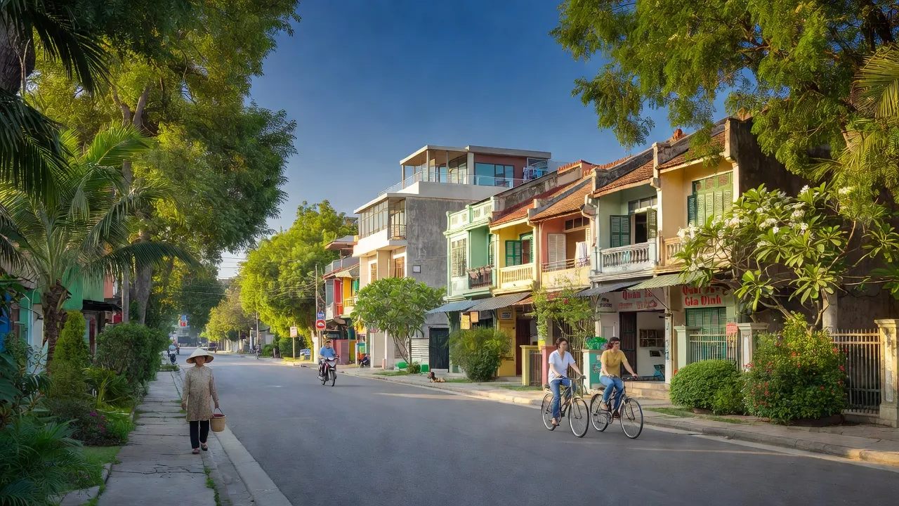 Khung cảnh đô thị tại Phường Khánh Hậu, Tân An, Long An với cây xanh và nhà cửa.