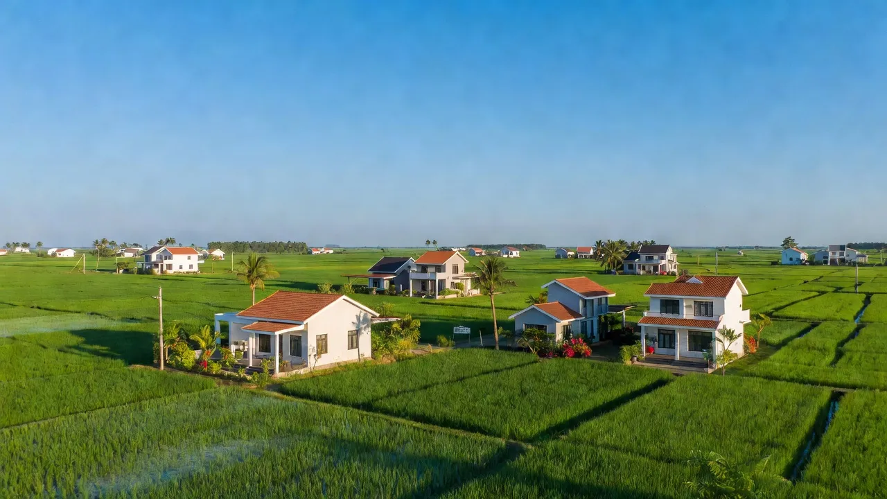 Cảnh quan Xã Lợi Bình Nhơn, Thành phố Tân An, tỉnh Long An với đồng xanh và bầu trời trong.