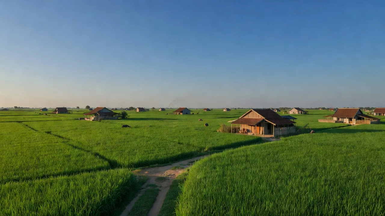 Cảnh nông thôn Hưng Điền B, Tân Hưng, Long An với cánh đồng xanh và nhà truyền thống.