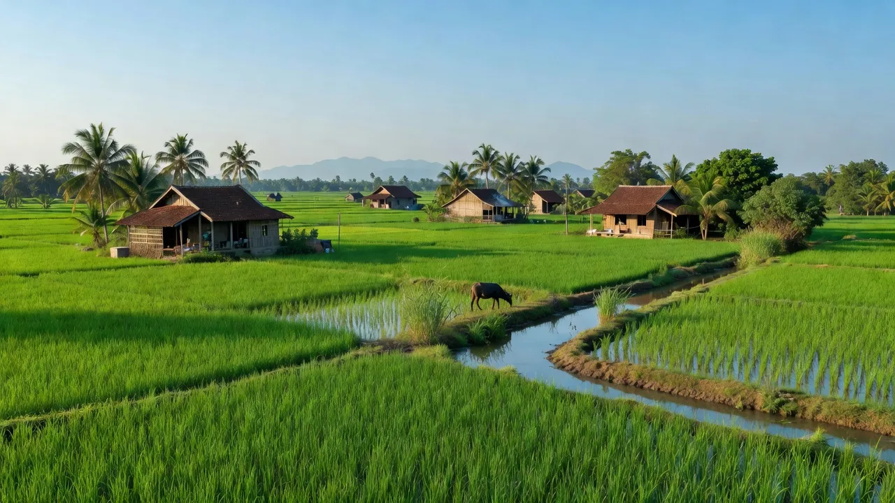 Khung cảnh yên bình của xã Hưng Điền B, huyện Tân Hưng, tỉnh Long An với đồng xanh và nhà truyền thống.
