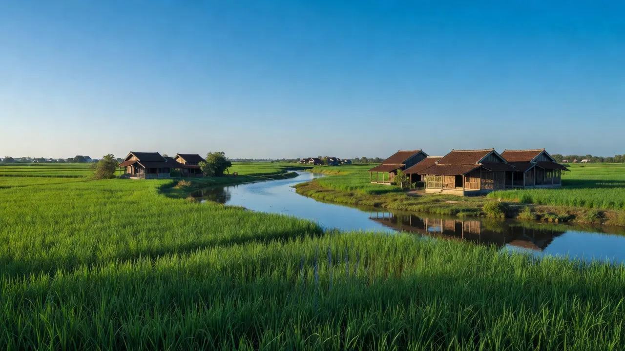 Cảnh đẹp nông thôn xã Hưng Điền, huyện Tân Hưng, tỉnh Long An với cánh đồng và nhà truyền thống.