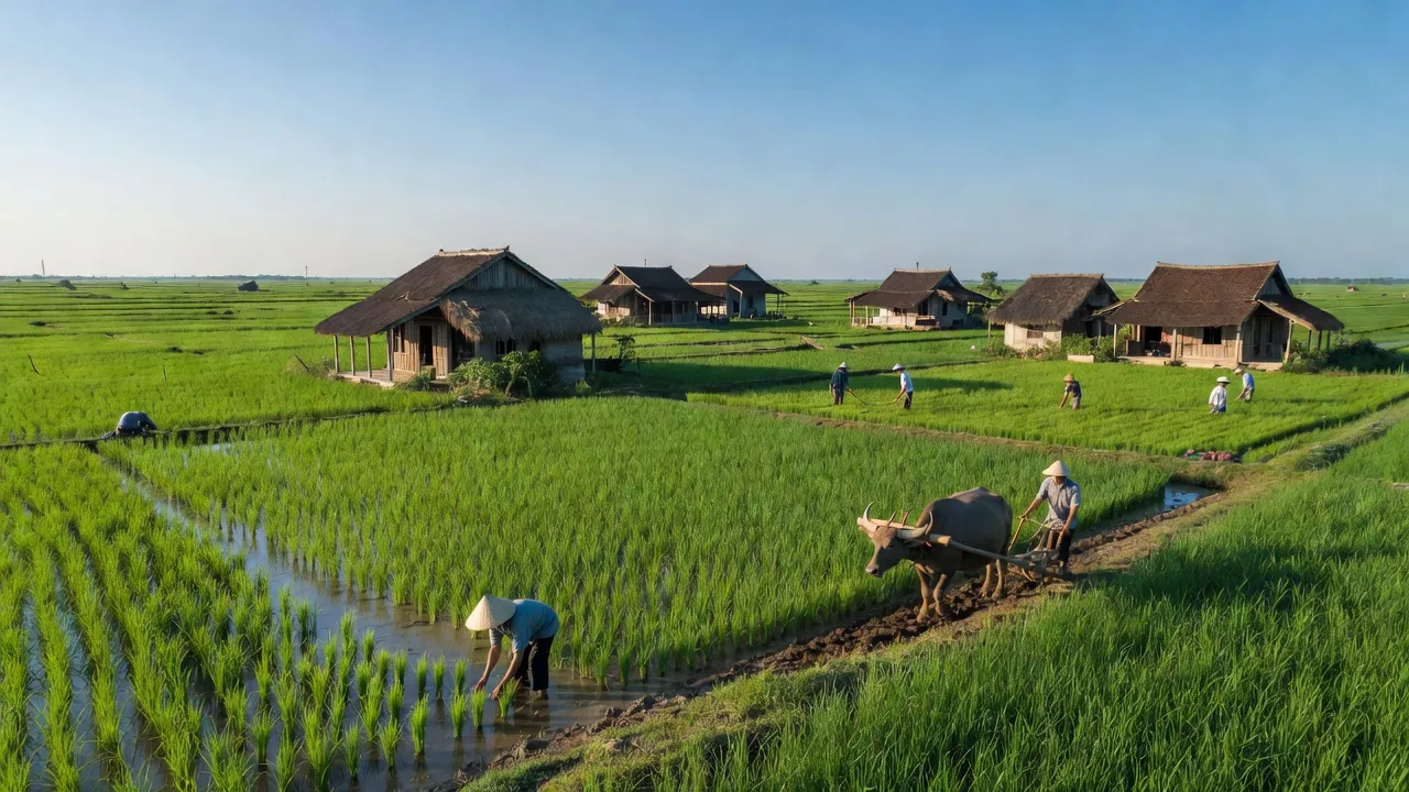 Cảnh đồng quê Hưng Điền, Tân Hưng, Long An với nhà dân và không gian xanh tươi.