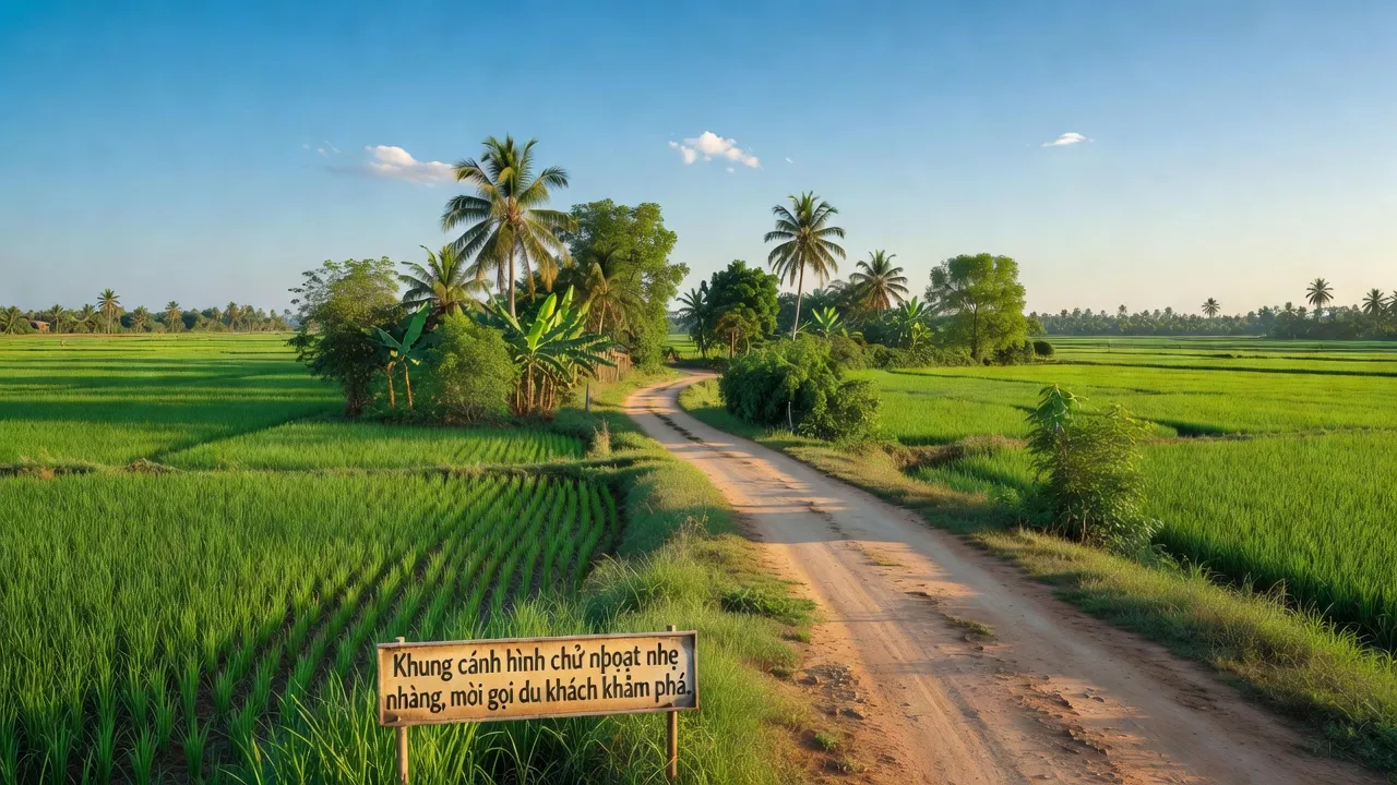 Cảnh quan nông thôn xã Hưng Thạnh, huyện Tân Hưng, tỉnh Long An với đồng xanh và đường làng yên bình.