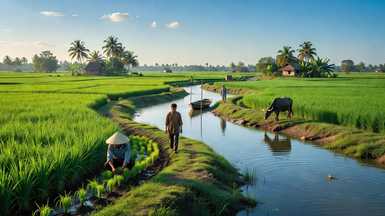 Cảnh quan xã Thạnh Hưng huyện Tân Hưng Long An với cánh đồng xanh và dòng sông yên bình.