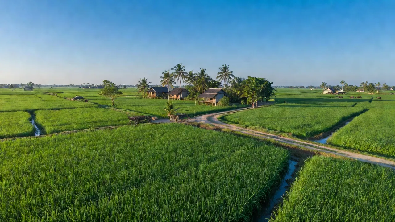 Khung cảnh làng Vĩnh Bửu, huyện Tân Hưng, tỉnh Long An với cánh đồng xanh tươi, trời xanh.