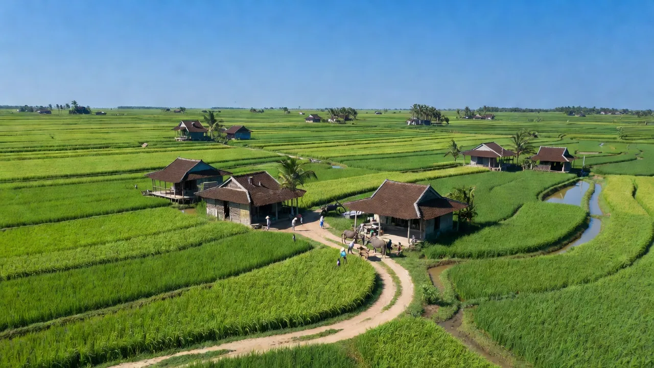 Cảnh quan xã Vĩnh Châu A, huyện Tân Hưng, tỉnh Long An với cánh đồng xanh và nhà truyền thống.