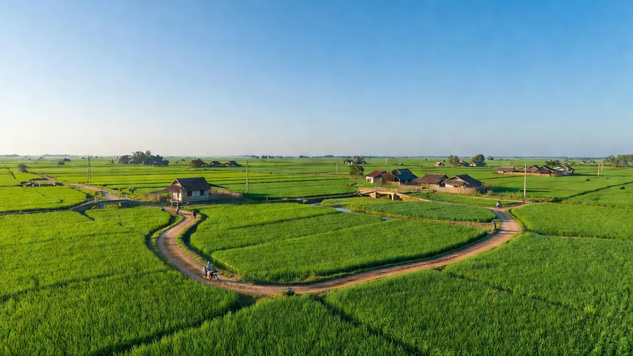 Khung cảnh yên bình ở xã Vĩnh Châu A, huyện Tân Hưng, Long An, với cánh đồng xanh và bầu trời sáng.