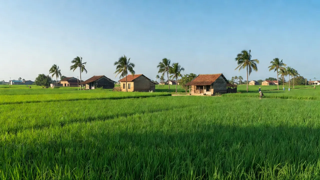 Cảnh quan xã Vĩnh Châu B, Tân Hưng, Long An với cánh đồng xanh và nhà truyền thống.