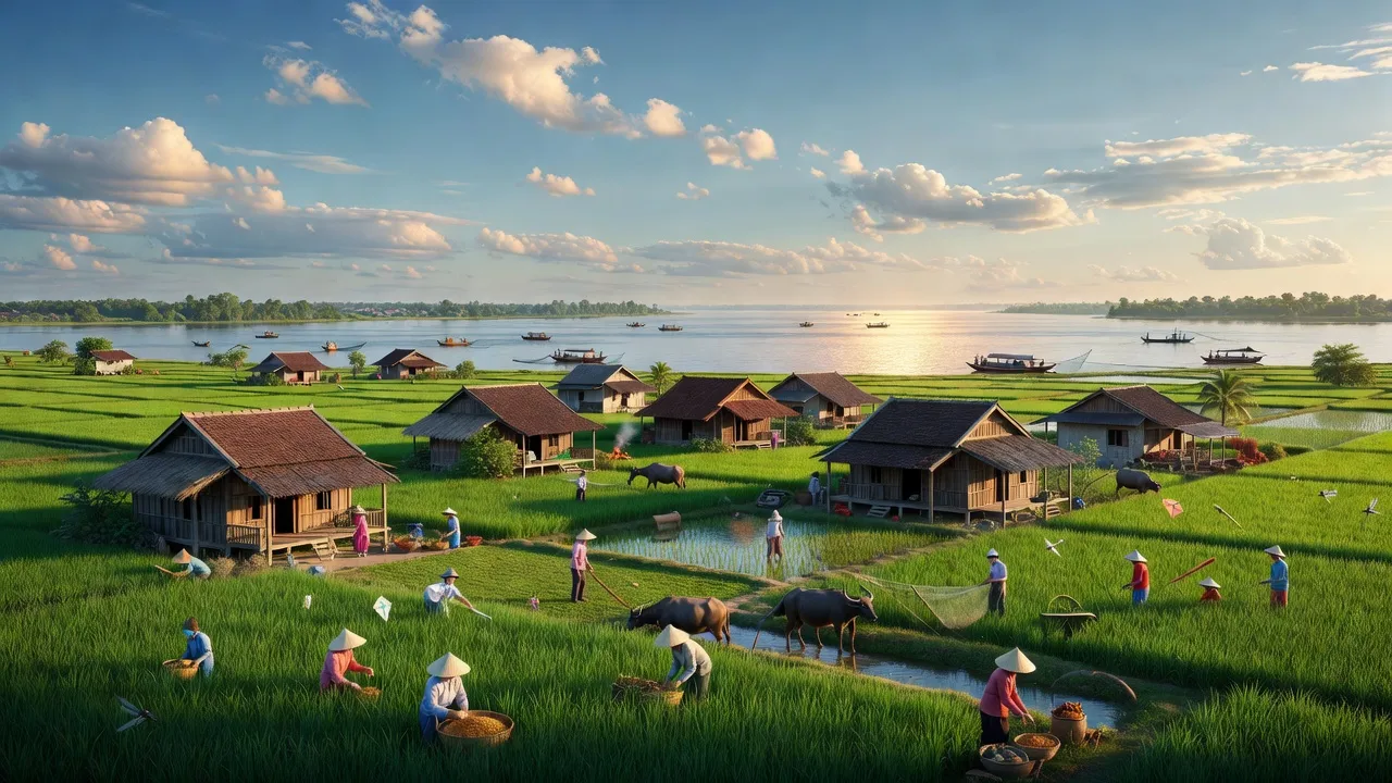 Cảnh đồng xanh thôn Vĩnh Đại, huyện Tân Hưng, Long An với nhà truyền thống và sông Mekong.