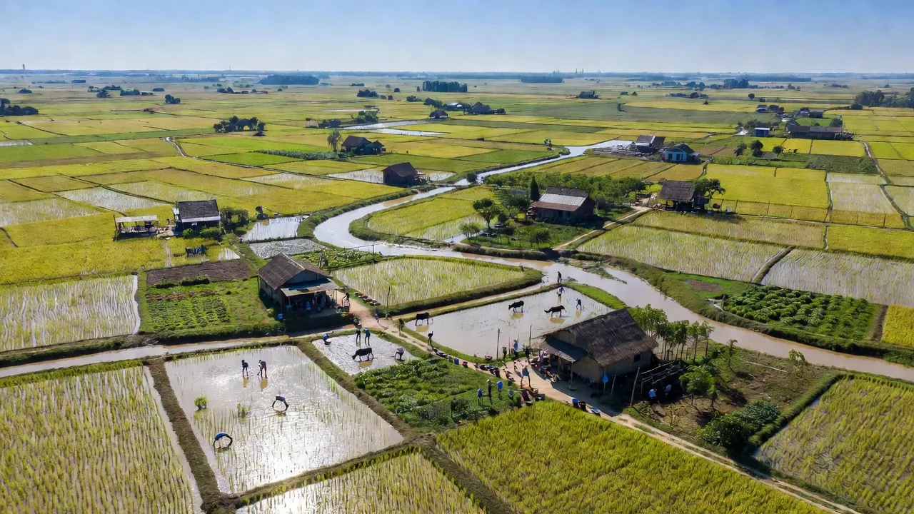 Cảnh quan Xã Vĩnh Đại, Huyện Tân Hưng, Tỉnh Long An với cánh đồng xanh tươi và nhà nông thôn.