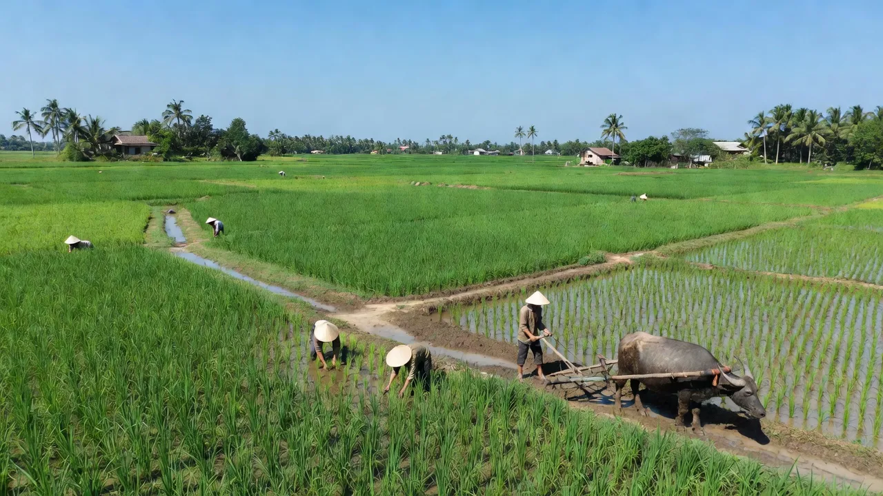 Cảnh đồng quê xã Vĩnh Lợi huyện Tân Hưng, tỉnh Long An, thể hiện vẻ đẹp nông thôn Việt Nam.