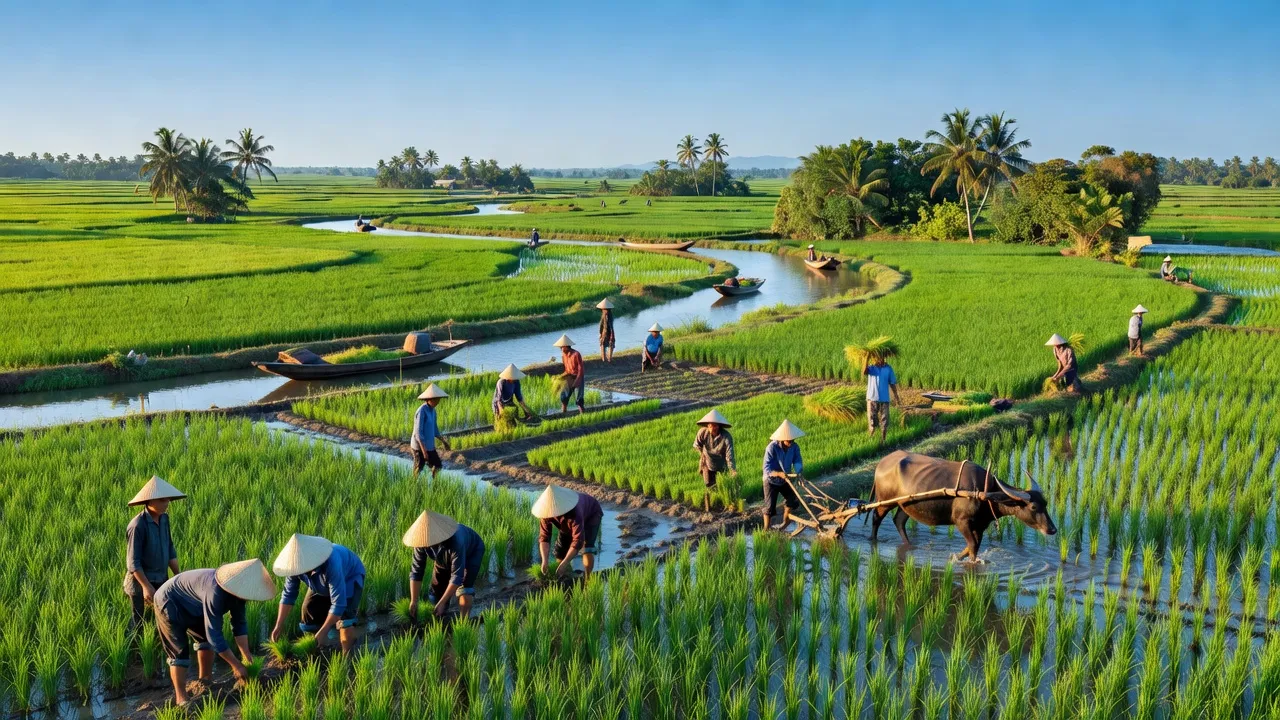 Khung cảnh xanh tươi ở xã Vĩnh Thạnh, huyện Tân Hưng, tỉnh Long An với cánh đồng lúa và kênh rạch.