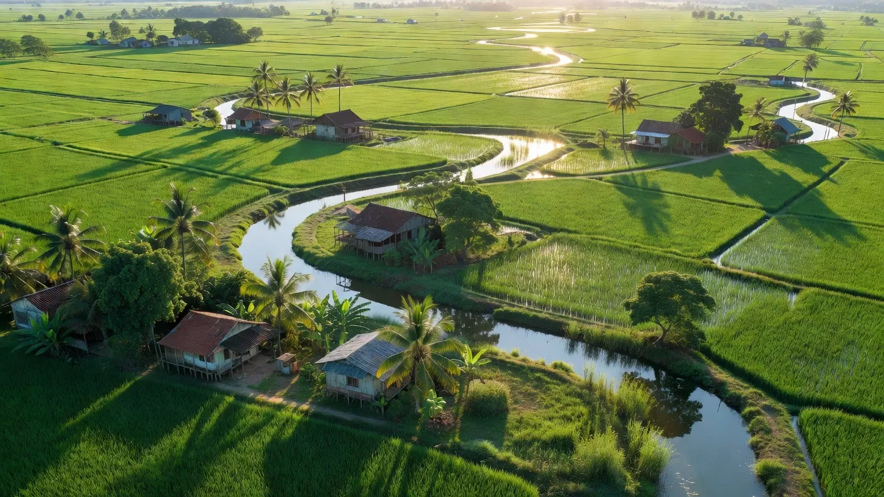 Toàn cảnh xã Vĩnh Thạnh, huyện Tân Hưng, Long An với cánh đồng xanh và kênh rạch.