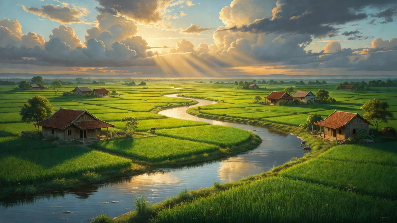 Cảnh quan nông thôn huyện Tân Thạnh, Long An, với cánh đồng và nhà cửa truyền thống.