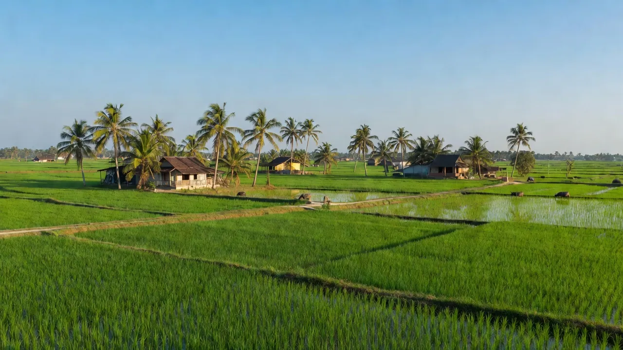 Cảnh quan nông thôn Bắc Hòa, Tân Thạnh, Long An với đồng xanh và nhà cửa địa phương.