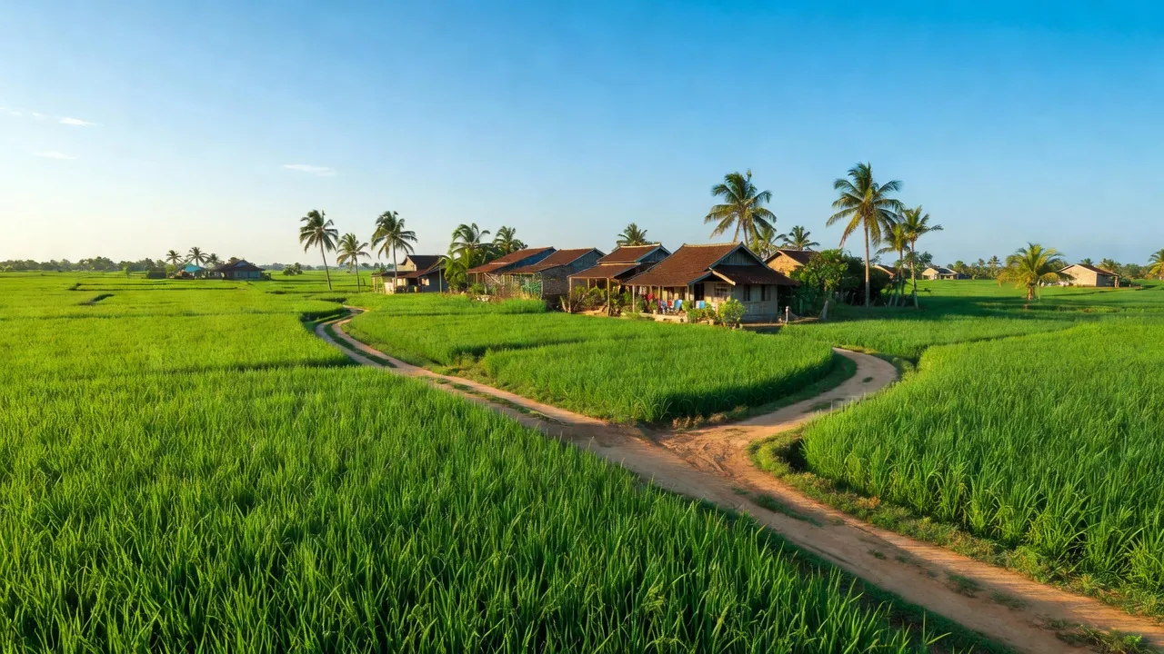 Cảnh quan xanh tươi tại xã Bắc Hòa, huyện Tân Thạnh, tỉnh Long An, với những ngôi nhà và cánh đồng.