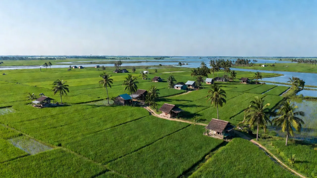 Cảnh đẹp xã Hậu Thạnh Đông, huyện Tân Thạnh, tỉnh Long An với cánh đồng xanh và nhà nông thôn.