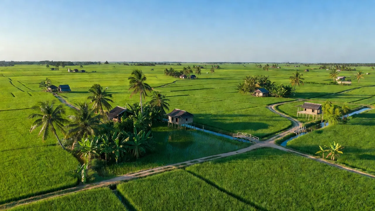 Cảnh quan nông thôn xã Hậu Thạnh Đông, huyện Tân Thạnh, Long An với đồng xanh và bầu trời trong.