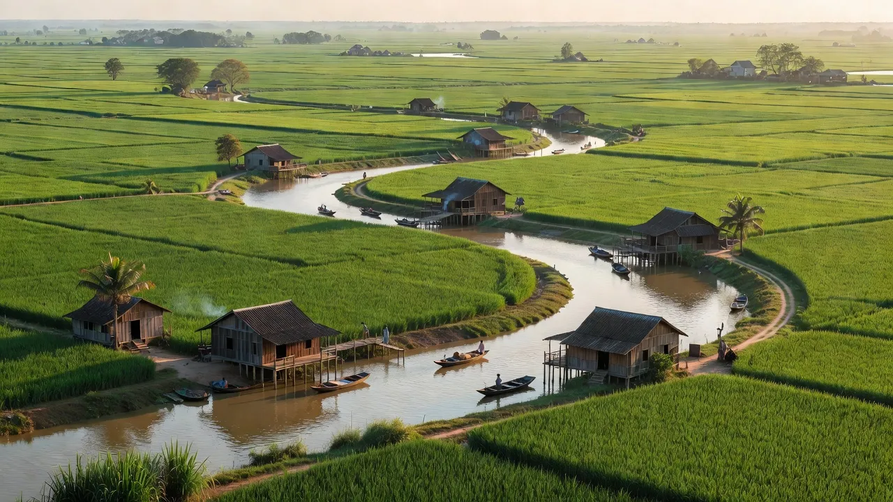 Khung cảnh xã Hậu Thạnh Tây, huyện Tân Thạnh, tỉnh Long An với cánh đồng xanh và sông rạch