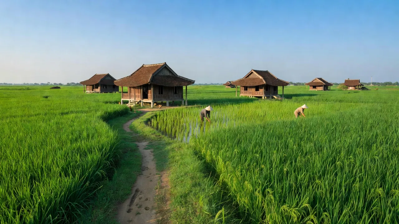 Cảnh đẹp tại Xã Kiến Bình, Huyện Tân Thạnh, tỉnh Long An với cánh đồng xanh và nhà truyền thống.