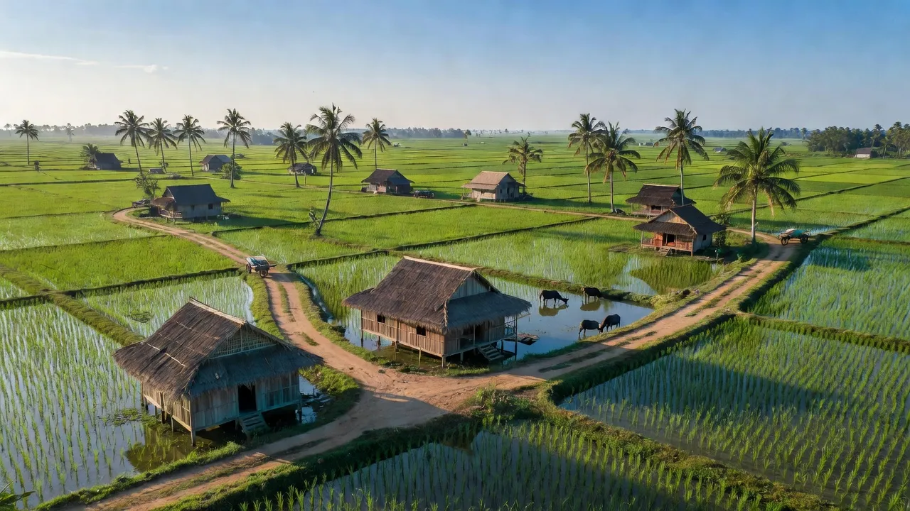 Một cảnh quan đẹp của xã Nhơn Hòa Lập, huyện Tân Thạnh, tỉnh Long An, với cánh đồng xanh tươi.