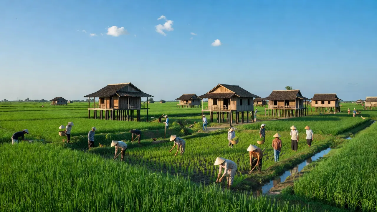 Cảnh đồng xanh và nhà truyền thống tại xã Nhơn Hoà, huyện Tân Thạnh, Long An.