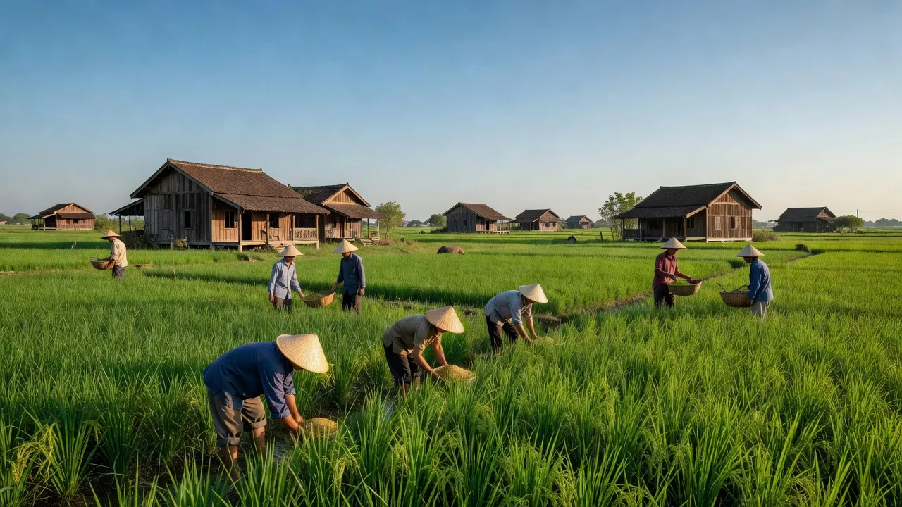 Khung cảnh nông thôn ở xã Nhơn Hoà, huyện Tân Thạnh với đồng ruộng xanh và nhà cổ truyền.