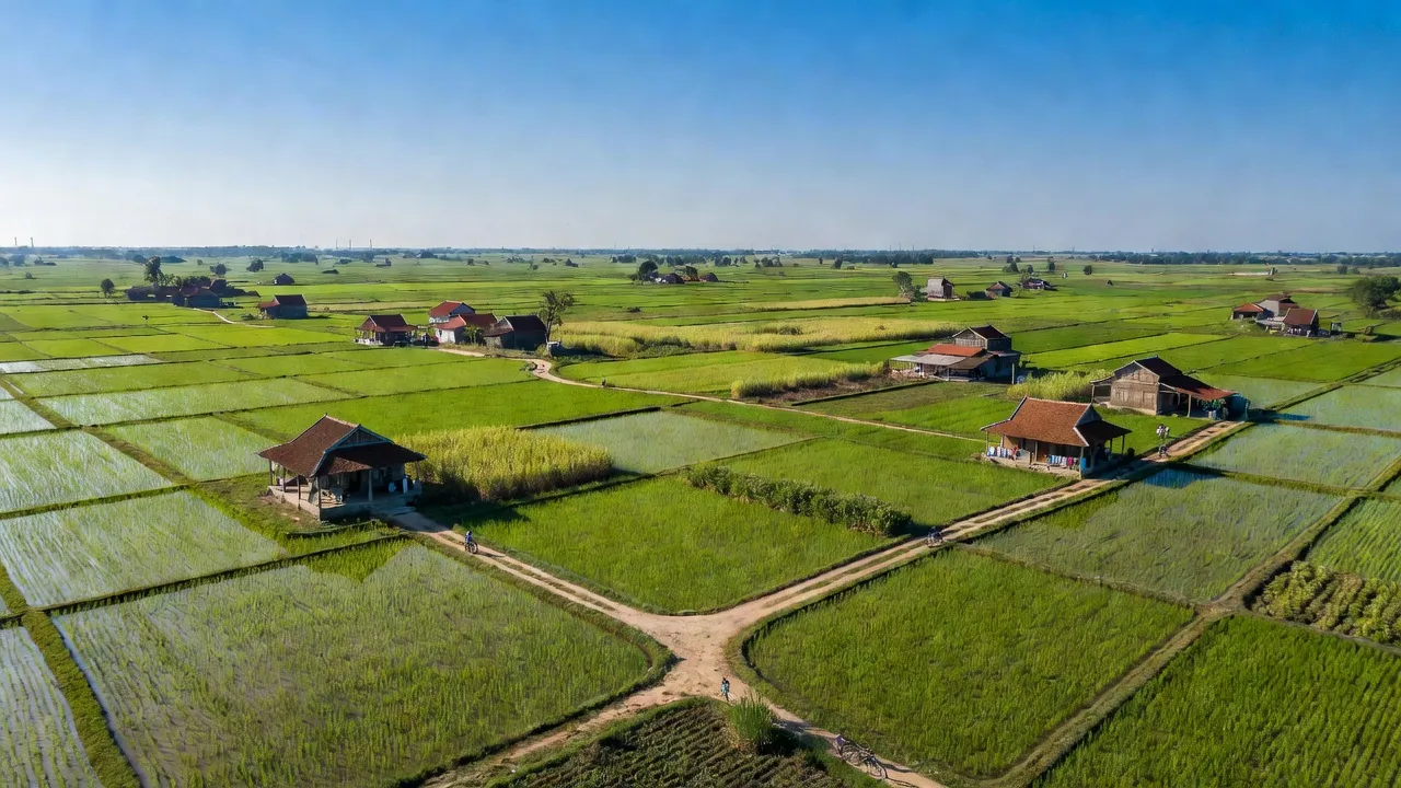 Cảnh đẹp xã Nhơn Ninh, huyện Tân Thạnh, Long An với cánh đồng xanh tươi và nhà truyền thống.