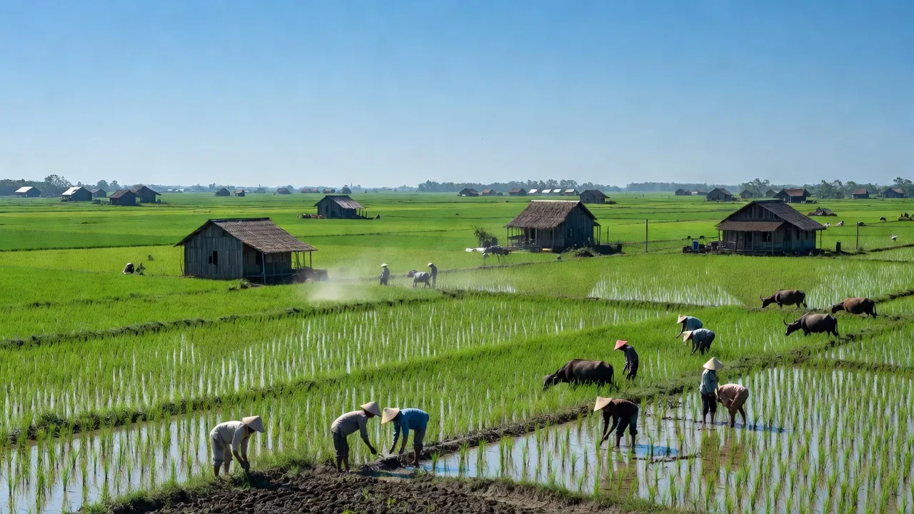 Quang cảnh xanh tươi tại xã Nhơn Ninh, huyện Tân Thạnh, với cánh đồng lúa và nhà truyền thống.